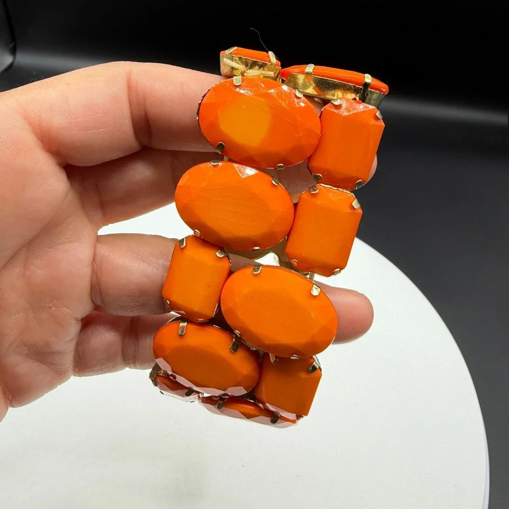 Orange Faceted Rhinestone Stretch Bracelet Chunky Statement Cocktail Boho Gift